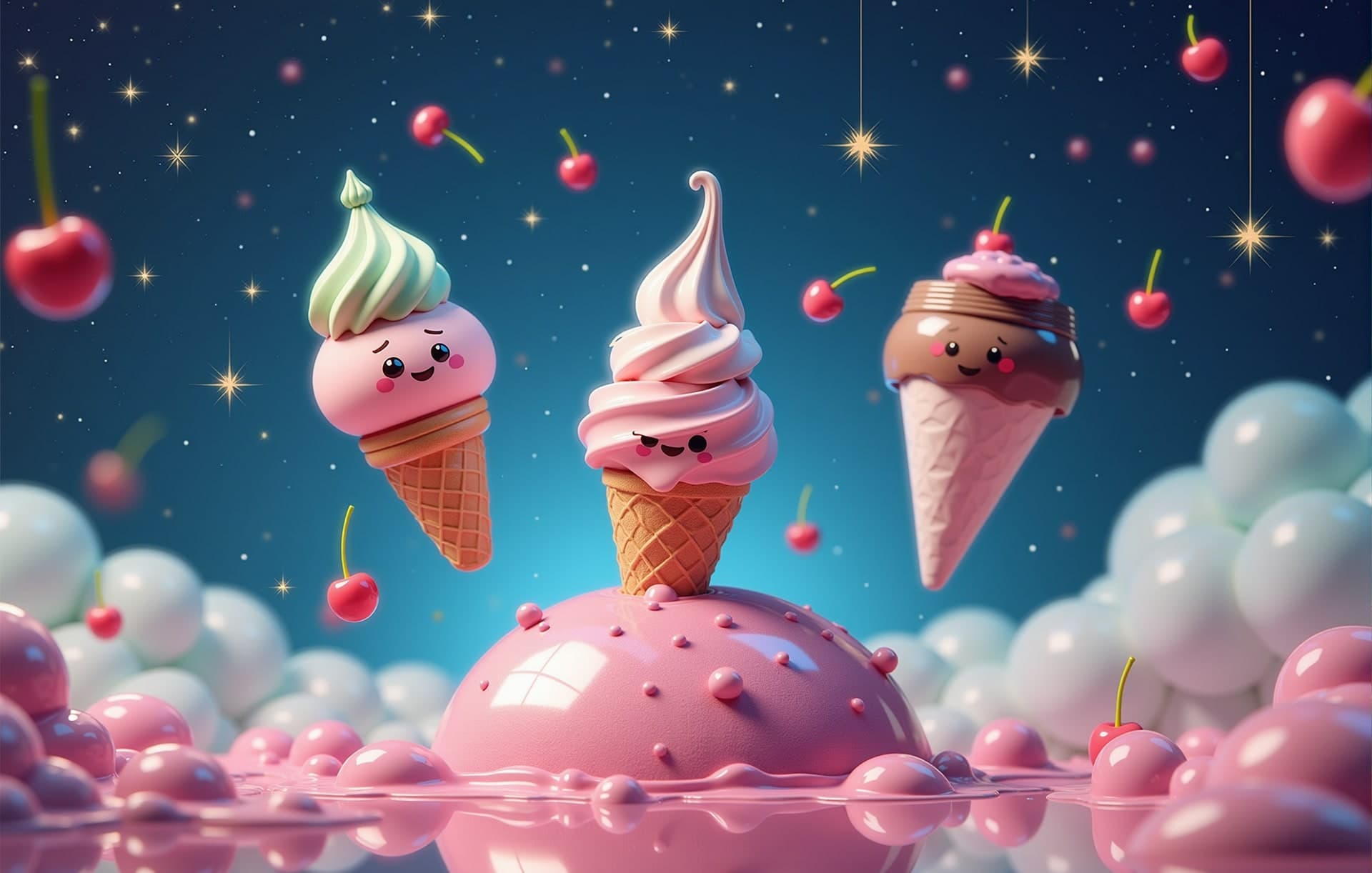 Mascotas CristaCream flotando en un planeta de helado cósmico